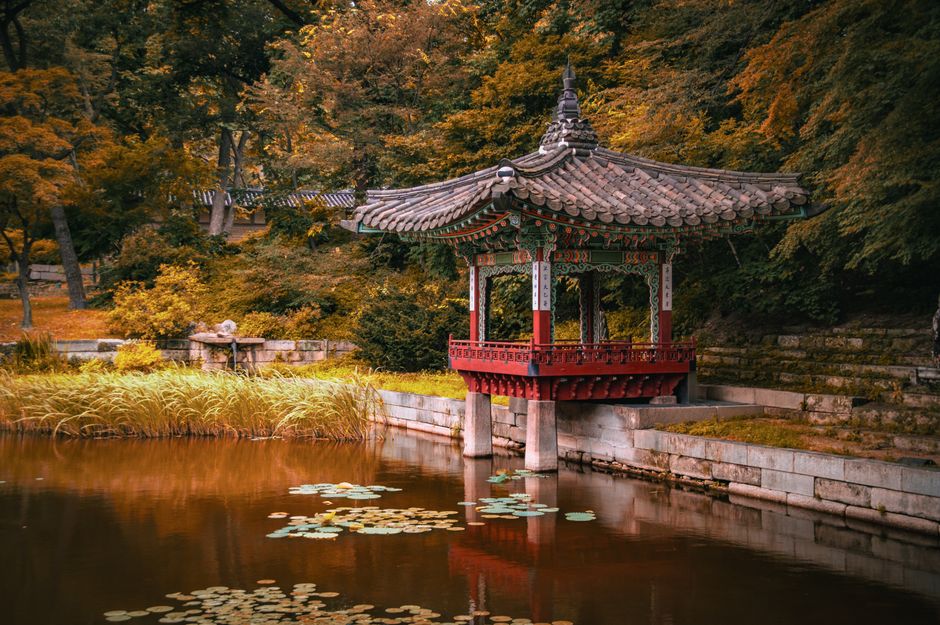 늦가을 단풍에 둘러싸인 한국 전통 정자가 못에 비쳐 있는 모습
